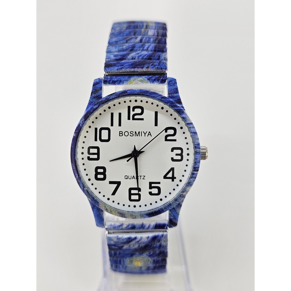 Women's Watch 36MM White Dial Blue Green White Stretch Band 6.5" NEW Battery